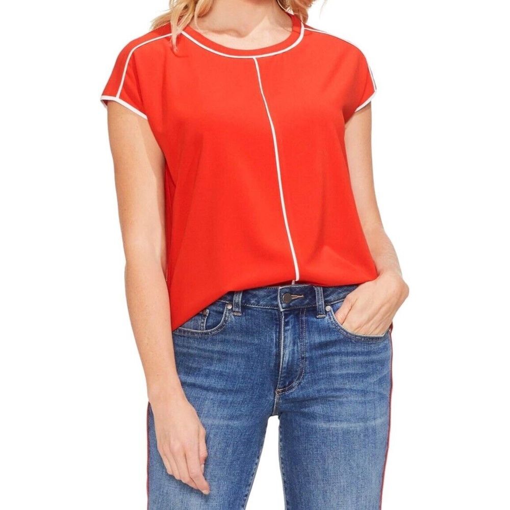 Vince Camuto Red Orange White Keyhole button Casual Short sleeves Blouse Tops XL